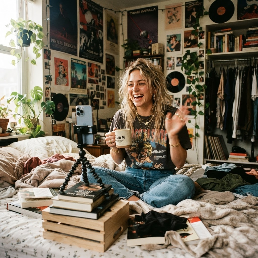 A creator in their twenties filming short-form video on a phone in a lived-in bedroom studio