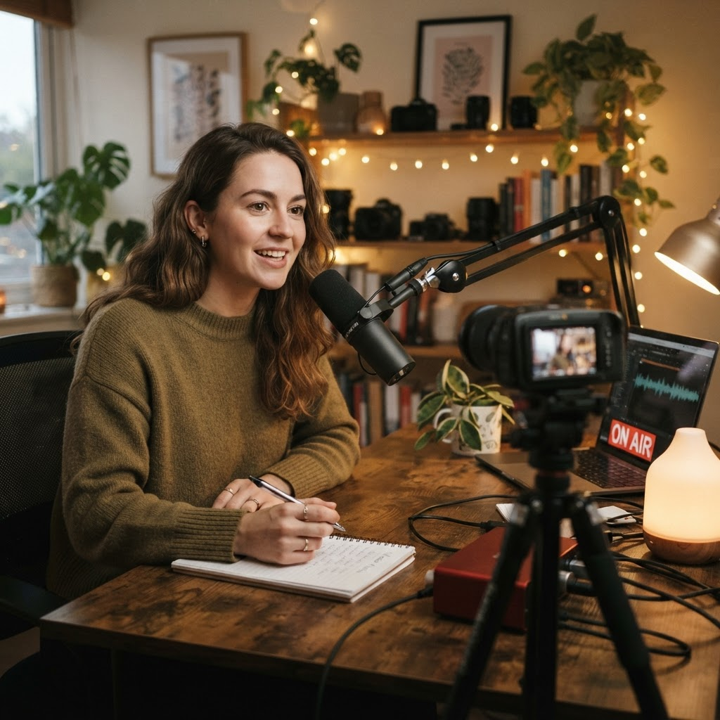 A professional recording a short video at a desk