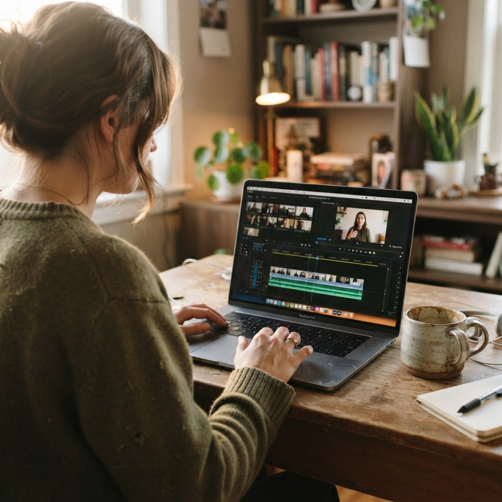 Person editing a social video on a laptop