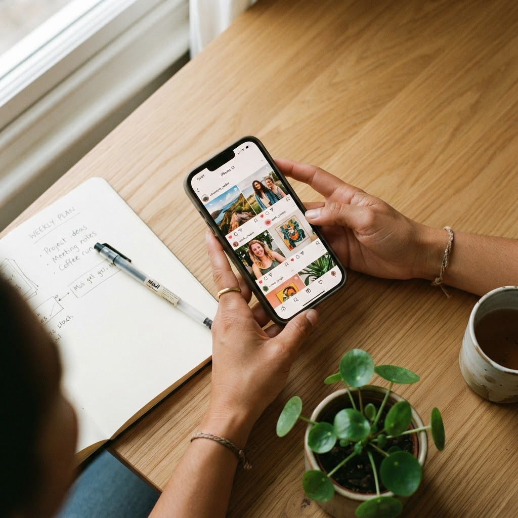 Hands holding a phone showing a social feed on a warm desk