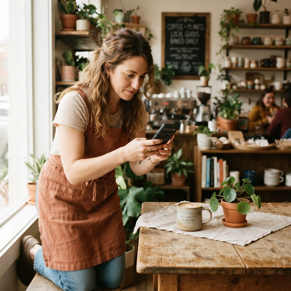 A shop owner preparing a product for social